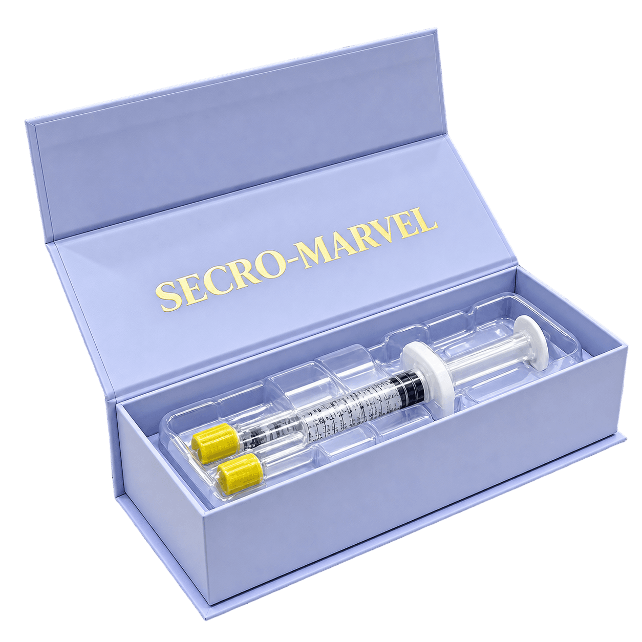 Open SECRO-MARVEL presentation box with a professional syringe